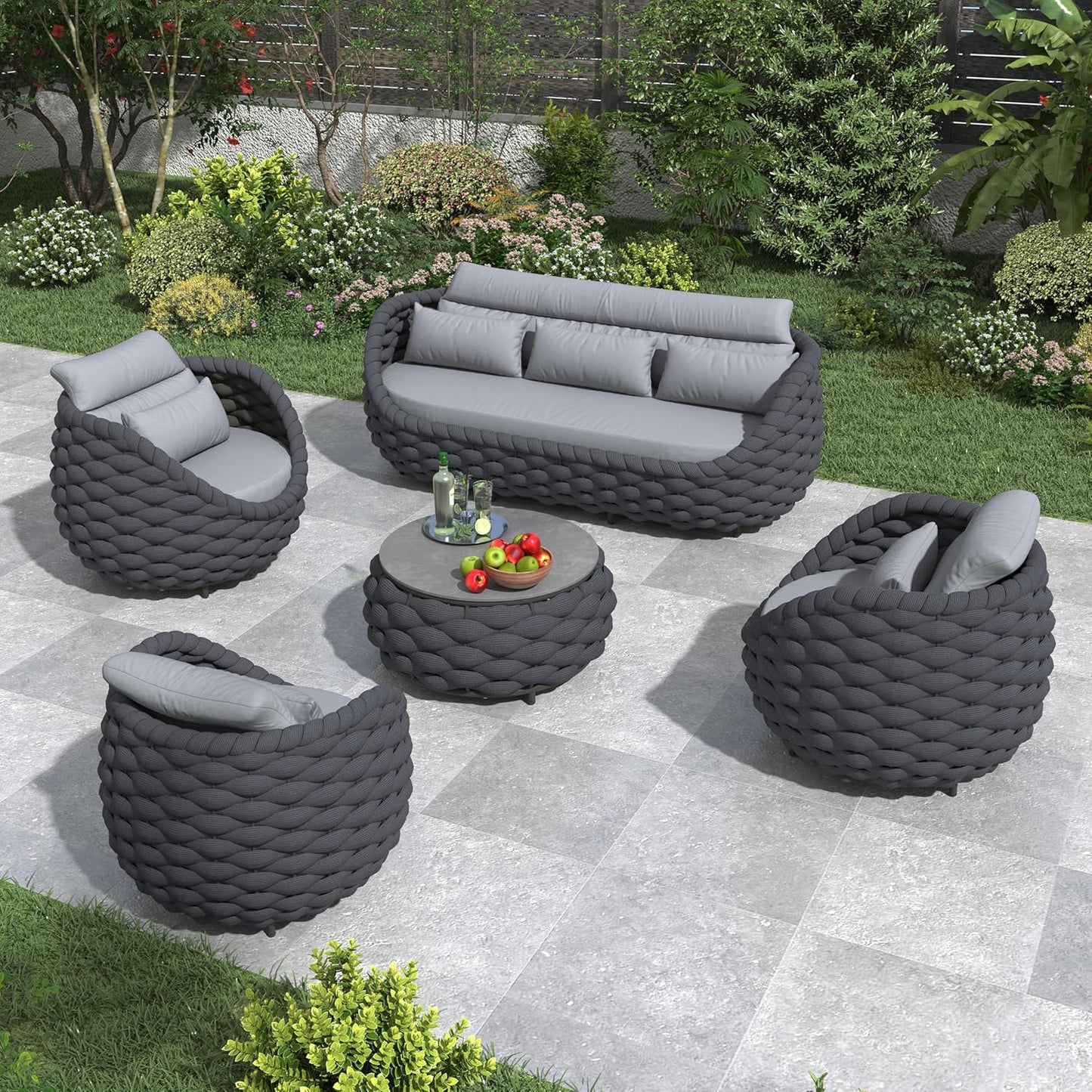 Metal Outdoor Conversation Sets: 5-Piece Aluminum Patio Furniture Set - Woven Rope Porch Sofa Set w/Coffee Table Cushions - Assembled Modern Lounge Couch for Deck Garden Yard Pool Hotel Resort