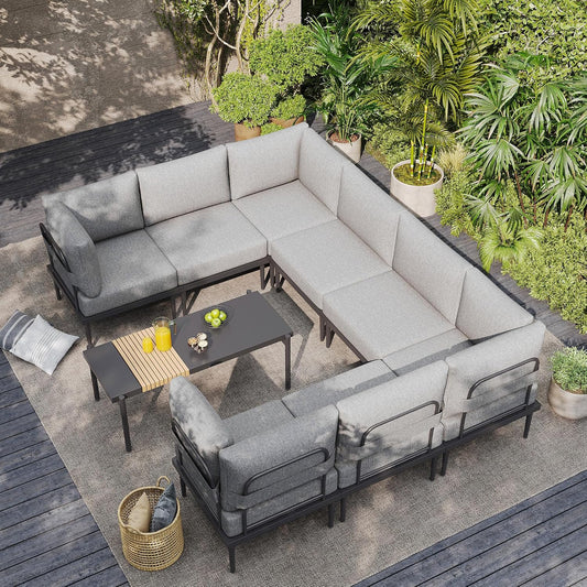 Sundale Outdoor 9 Pieces Metal Patio Furniture Set, Outdoor Sectional Sofa w/6 Inch Olefin Cushion and Coffee Table, Modern Outdoor Conversation Sets