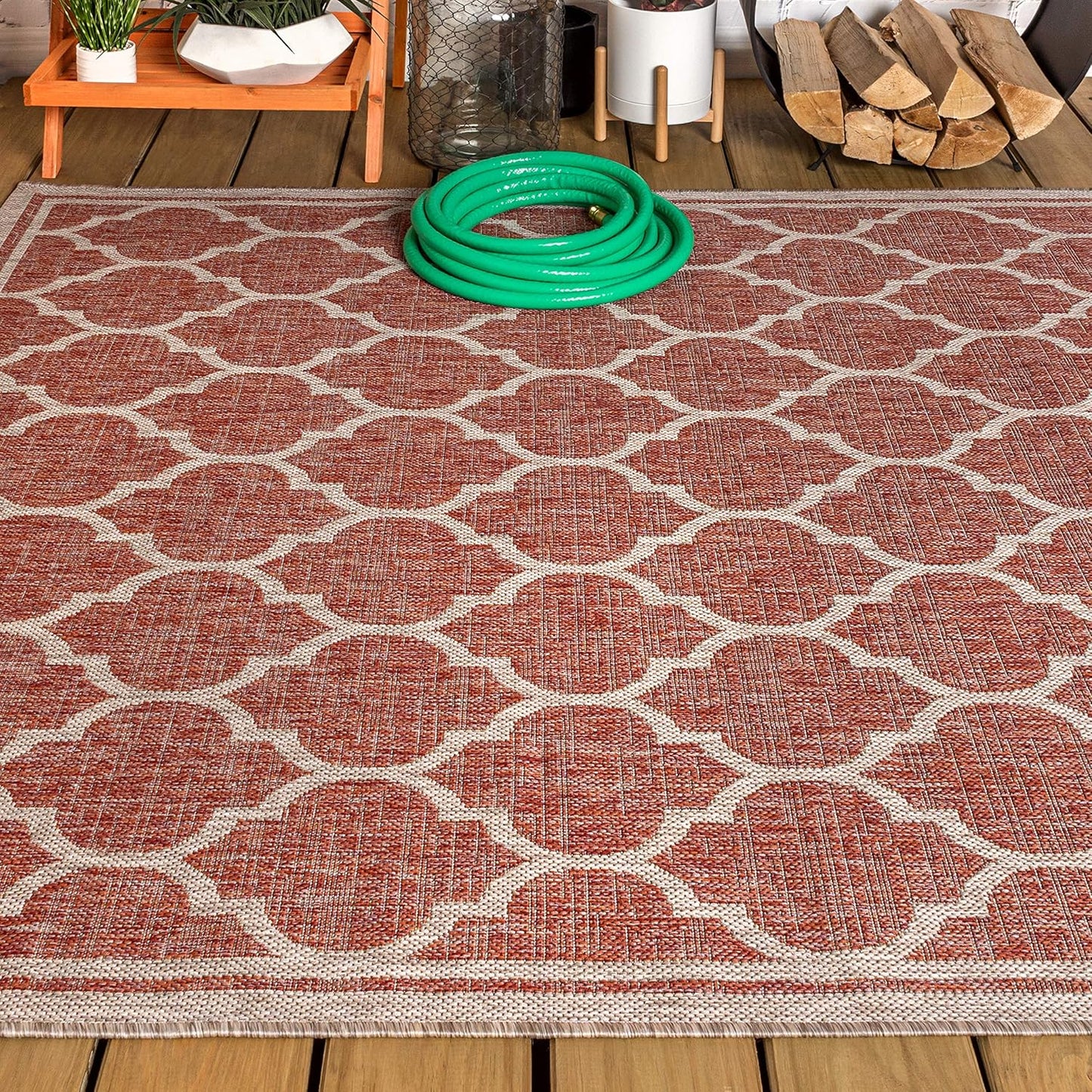 Eyely BMS109C-6 Santa Monica Trebol Moroccan Trellis Textured Weave, Pet Friendly, Non-Shedding, Stain Resistant, Easy-Cleaning, Red/Beige, 6 ft. x 9 ft., Indoor/Outdoor, Area Rug