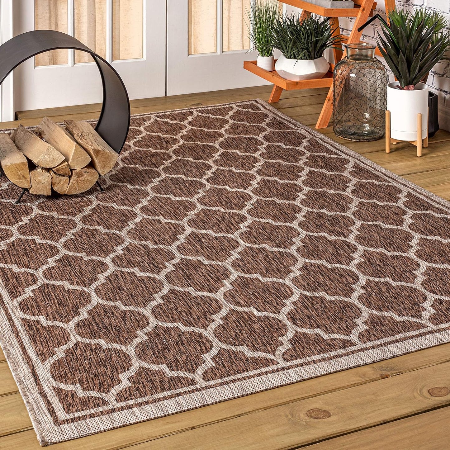 Eyely BMS109B-8 Santa Monica Trebol Moroccan Trellis Textured Weave Indoor/Outdoor Area Rug Coastal;Bohemian, Bedroom, Backyard, Patio, Easy-Cleaning, Non-Shedding, 8 X 10, Espresso/Taupe