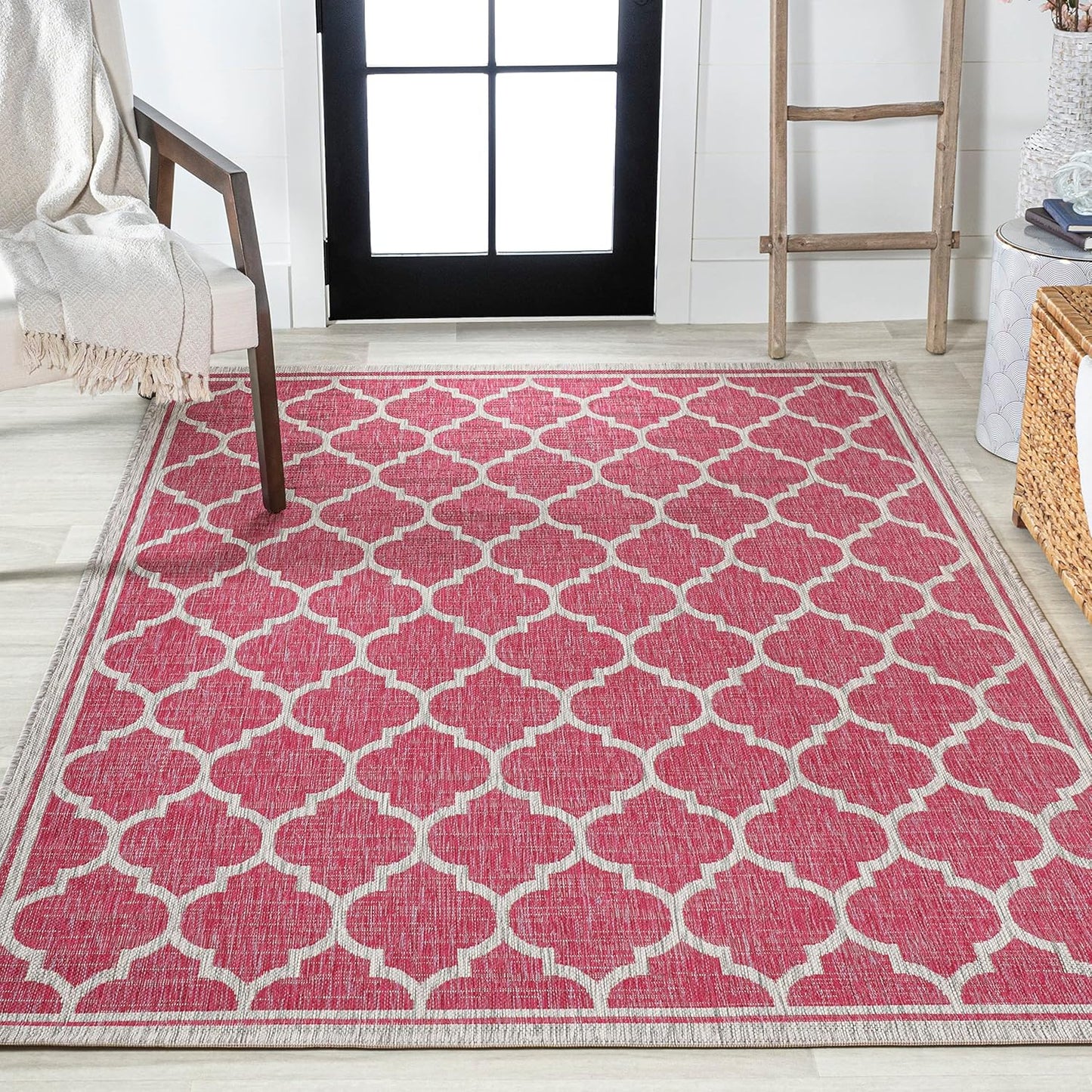 Eyely BMS109H-5 Santa Monica Trebol Moroccan Trellis Textured Weave Indoor/Outdoor Area Rug Coastal;Bohemian, Bedroom, Backyard, Patio, Easy-Cleaning, Non-Shedding, 5 X 8, Fuchsia/Light Gray