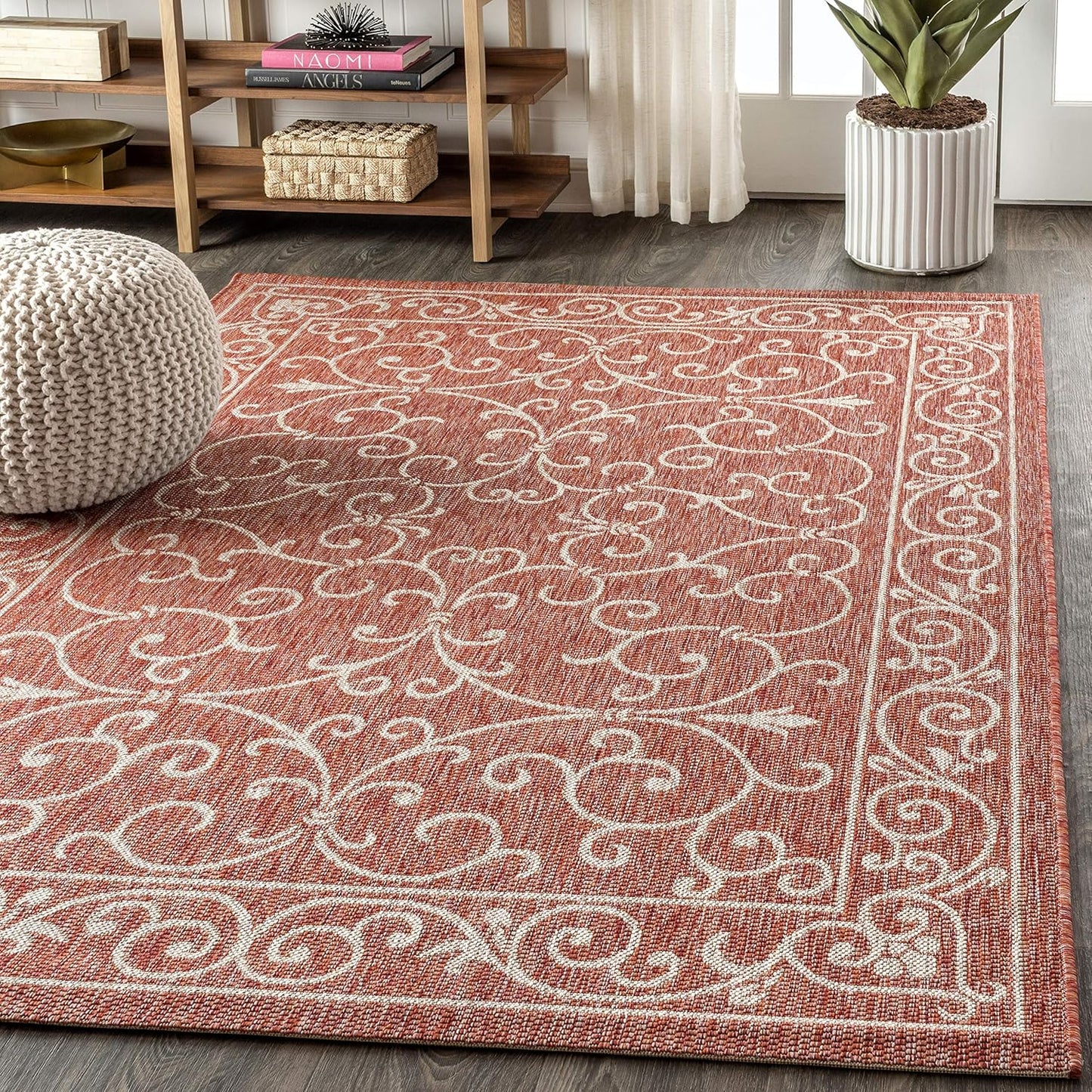 JONATHAN Y SMB106B-9 Charleston Vintage Filigree Textured Weave Indoor Outdoor Area Rug Classic Coastal Easy Cleaning Bedroom Kitchen Backyard Patio Non Shedding, 9 X 12, Red/Beige