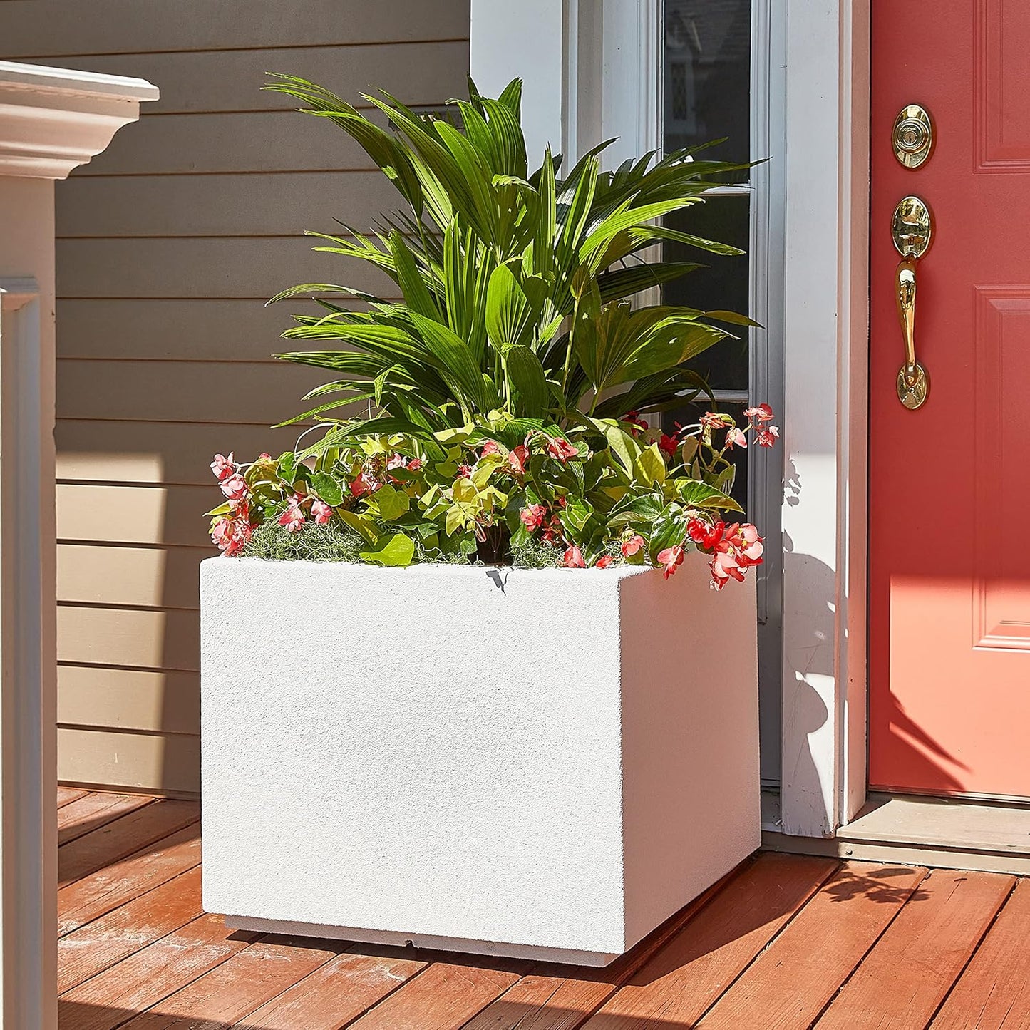 PolyStone Monterray Modern Outdoor/Indoor Square Planter, 23" L x 23" W x 19" H, Lightweight, Heavy Duty, Weather Resistant, Polymer Finish, Commercial Grade and Residential (White)
