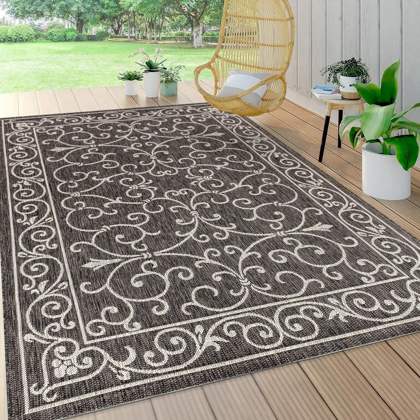 JONATHAN Y SMB106G-9 Charleston Vintage Filigree Textured Weave Indoor Outdoor Area Rug Classic Coastal Easy-Cleaning Bedroom Kitchen Backyard Patio Non Shedding, 9 X 12, Black/Gray