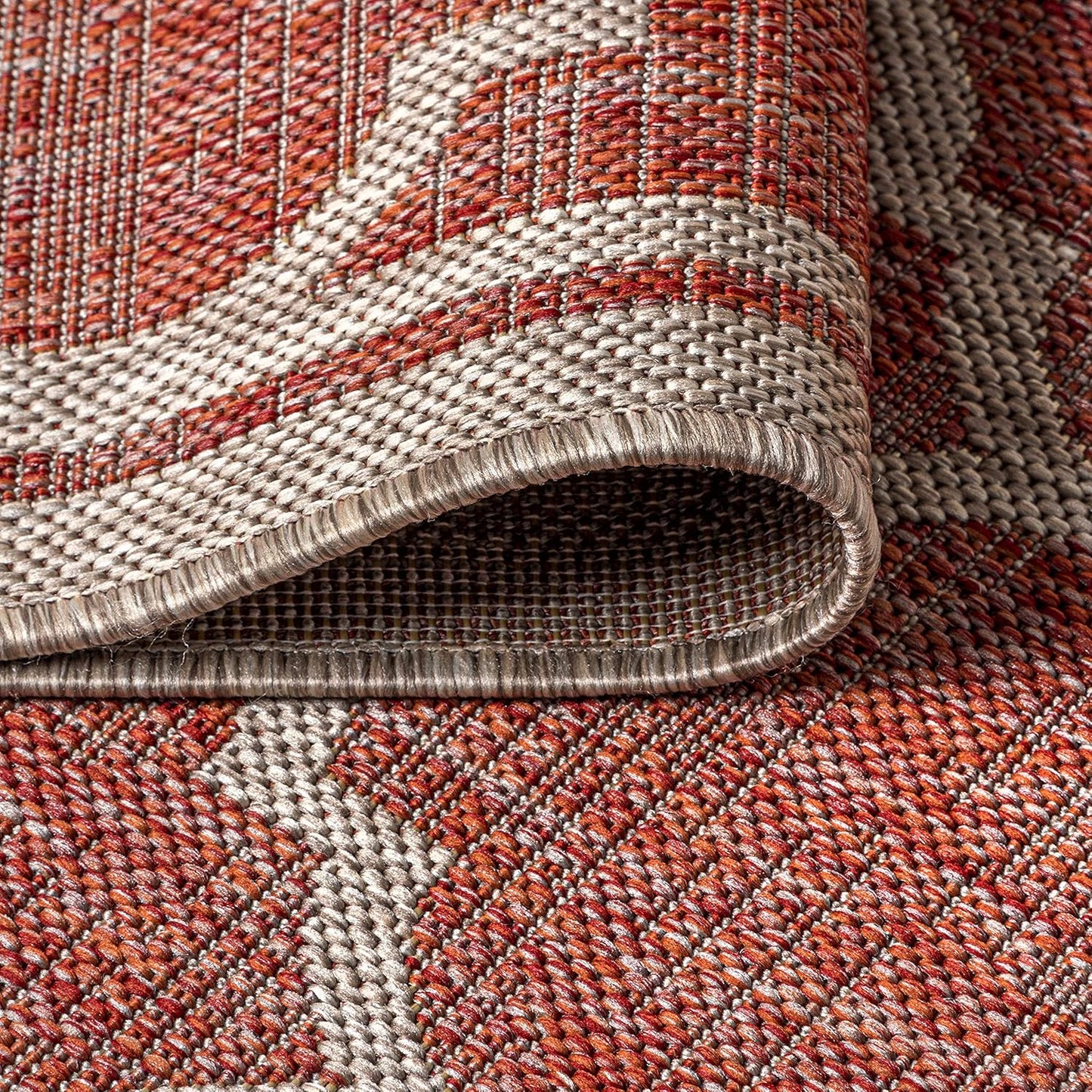 Eyely BMS109C-3SQ Santa Monica Trebol Moroccan Trellis Textured Weave, Pet Friendly, Non-Shedding, Stain Resistant, Easy-Cleaning, Red/Beige, 3' Square, Indoor/Outdoor, Area Rug
