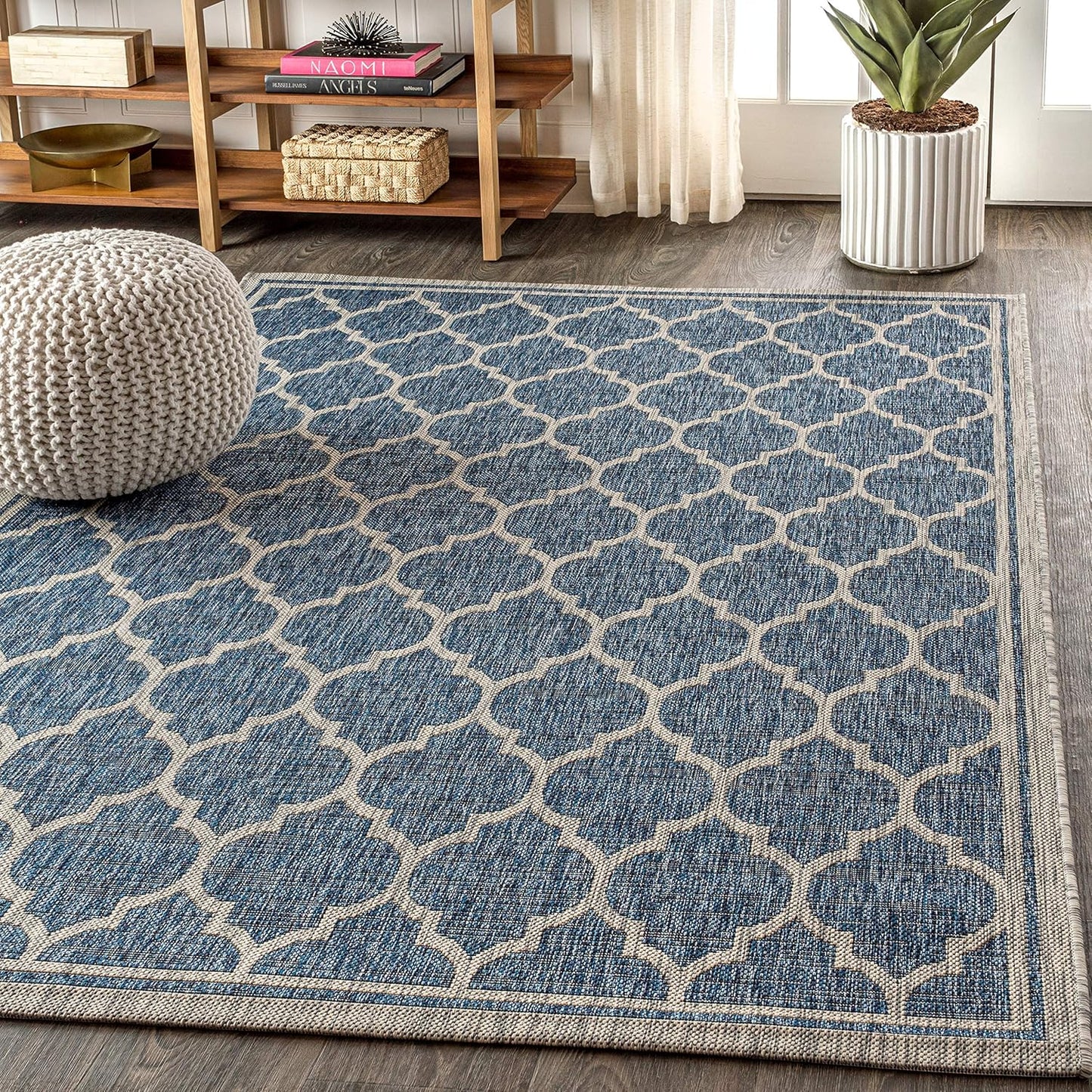 Eyely BMS109D-5 Santa Monica Trebol Moroccan Trellis Textured Weave Indoor/Outdoor Area Rug Coastal;Bohemian, Bedroom, Backyard, Patio, Easy-Cleaning, Non-Shedding, 5 X 8, Navy/Gray