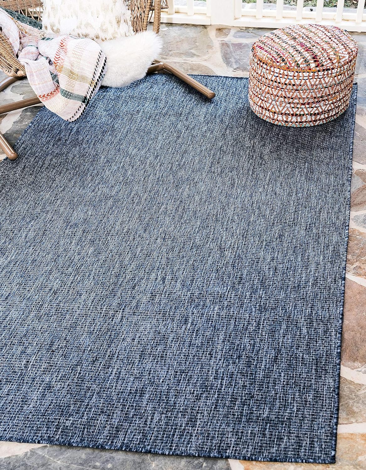 Unique Loom Collection Casual Transitional Solid Heathered Indoor/Outdoor Flatweave Area Rug (9' x 12' Rectangle, Blue/Navy Blue)