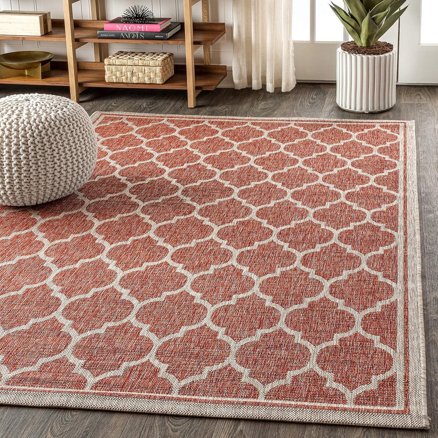 Eyely BMS109C-5 Santa Monica Trebol Moroccan Trellis Textured Weave Indoor/Outdoor Area Rug Coastal;Bohemian, Bedroom, Backyard, Patio, Easy-Cleaning, Non-Shedding, 5 X 8, Red/Beige