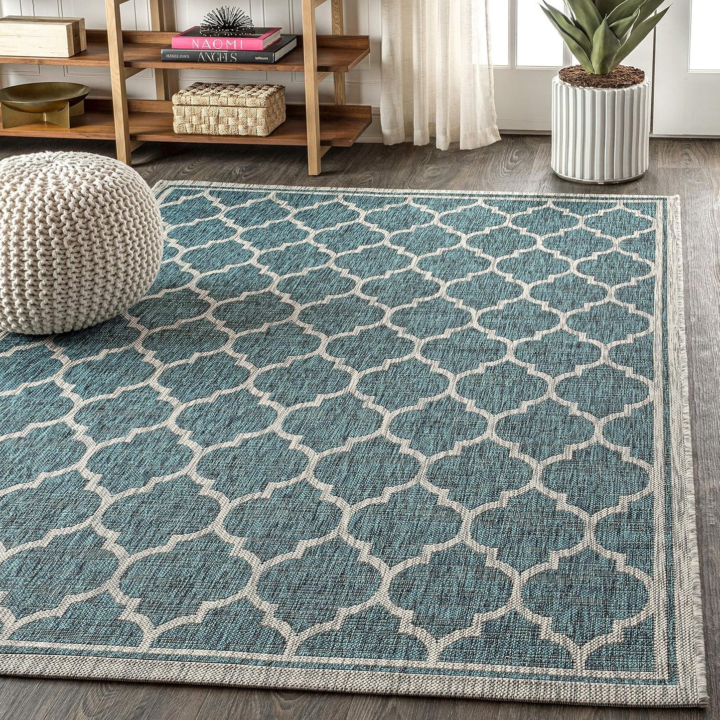 Eyely BMS109E-5 Santa Monica Trebol Moroccan Trellis Textured Weave Indoor/Outdoor Area Rug Coastal;Bohemian, Bedroom, Backyard, Patio, Easy-Cleaning, Non-Shedding, 5 X 8, Teal/Gray